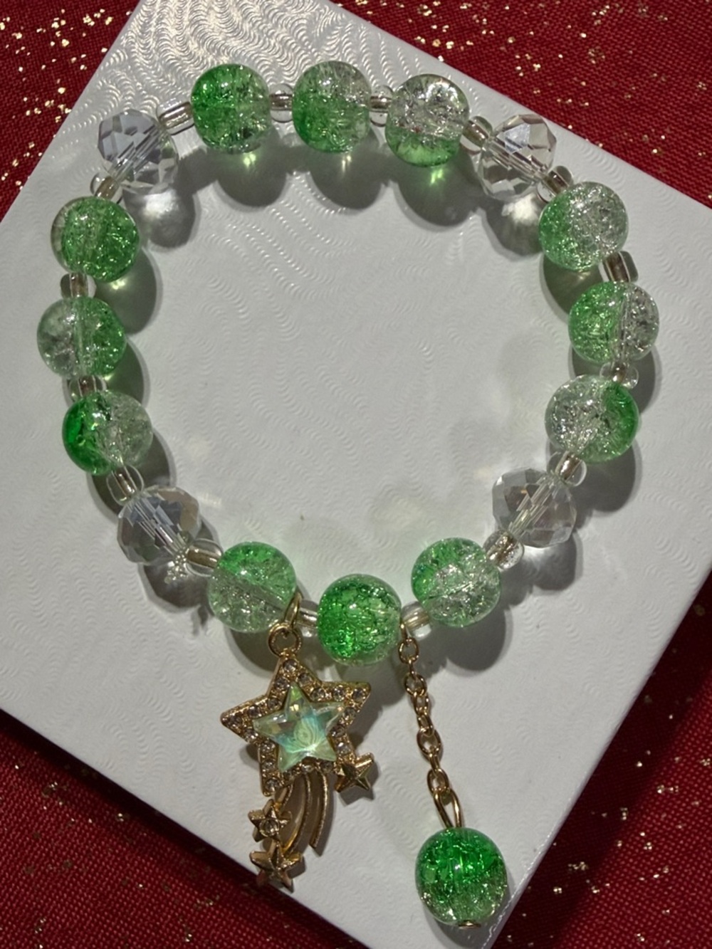 Green Crackle Glass Charm Bracelet with Gold Star Charm